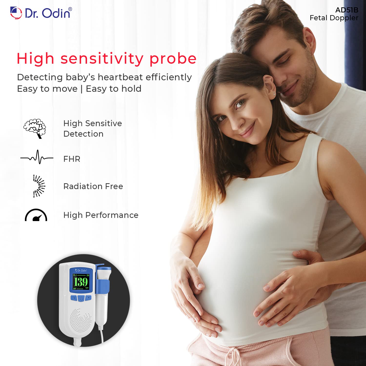 Dr. Odin (AD51B) Fetal Doppler | Fetal Heart Rate Monitor for Home and Clinic with Smart Noise Reduction, Autocorrelation Algorithm