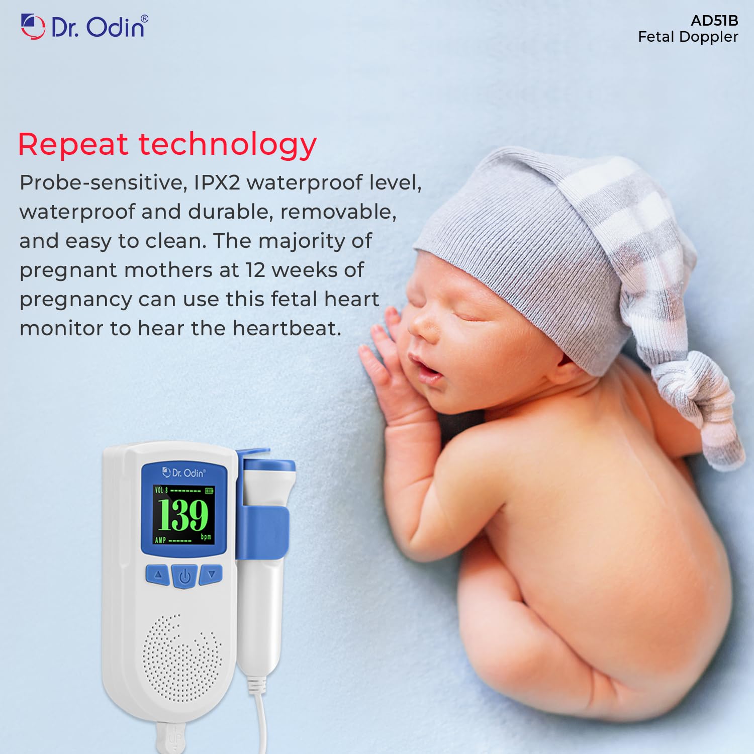 Dr. Odin (AD51B) Fetal Doppler | Fetal Heart Rate Monitor for Home and Clinic with Smart Noise Reduction, Autocorrelation Algorithm