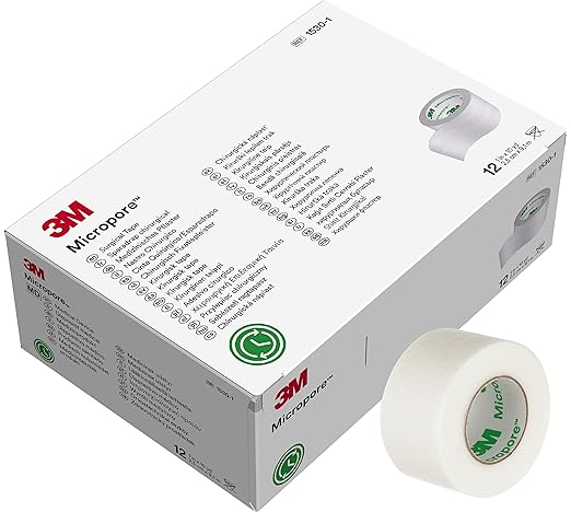 3M Micropore Medical adhesive tape for dressing and bandage for home, clinic and hospital use (1 inch X 12 rolls)