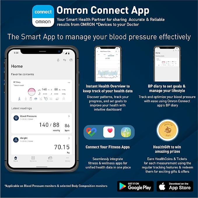 Omron HEM 7140T1 Bluetooth Blood Pressure Monitor Recommended Brand by Doctors, with Japanese Technology, Cuff Wrapping Guide, Hypertension Indicator & Intellisense Technology for Accuracy Measurement