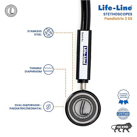 LIFE LINE Paediatric 2 SS Stethoscope | Dual Diaphragm Chest Piece for Paediatric and Neonatal | 2-way Tube | Suitable for Doctors, Nurses, Students