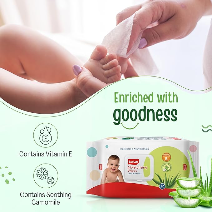 LuvLap Baby Moisturising Wipes with Aloe Vera,72 Wipes/pack, with lid
