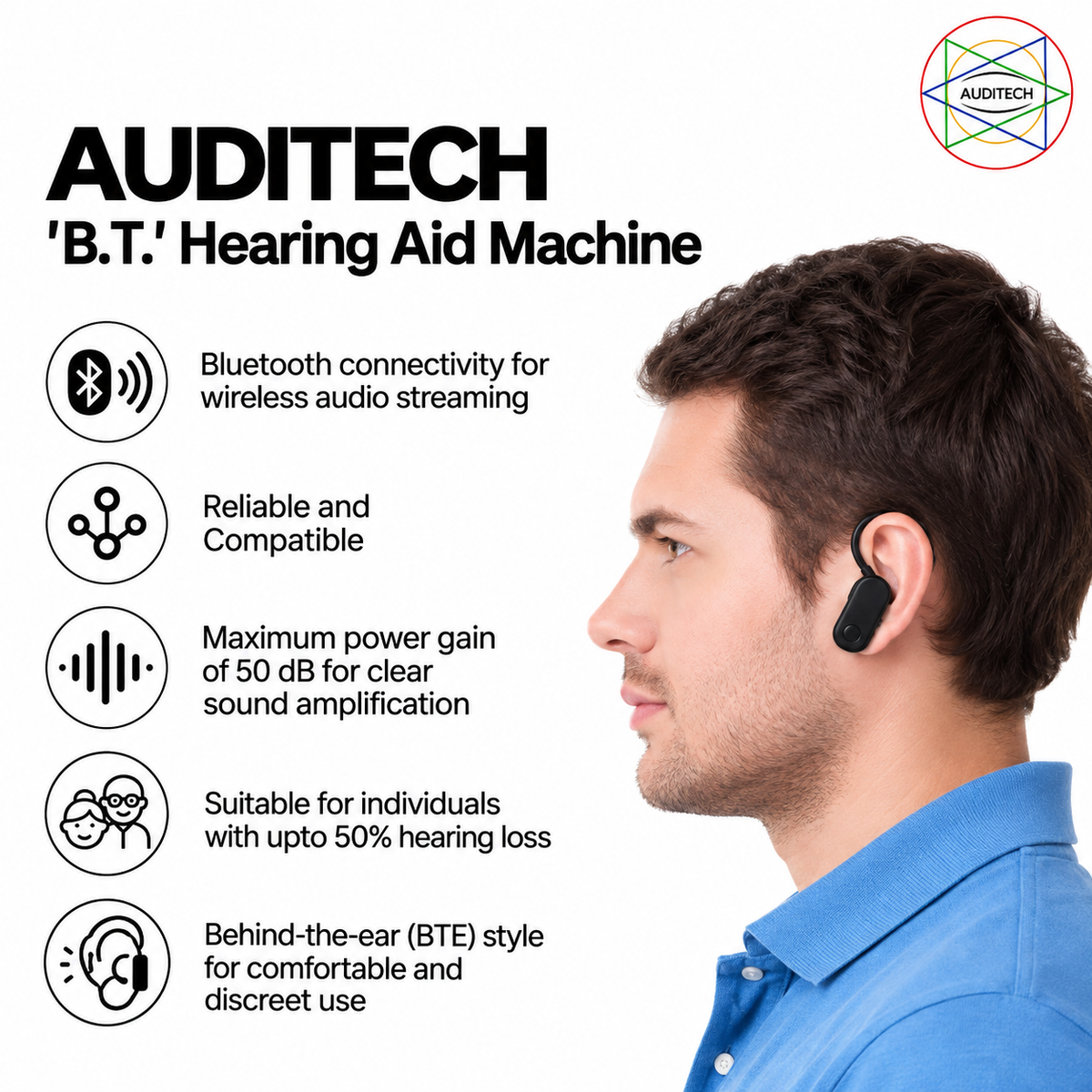AUDITECH® ' B.T.' Bluetooth Style Behind The Ear Hearing Aid