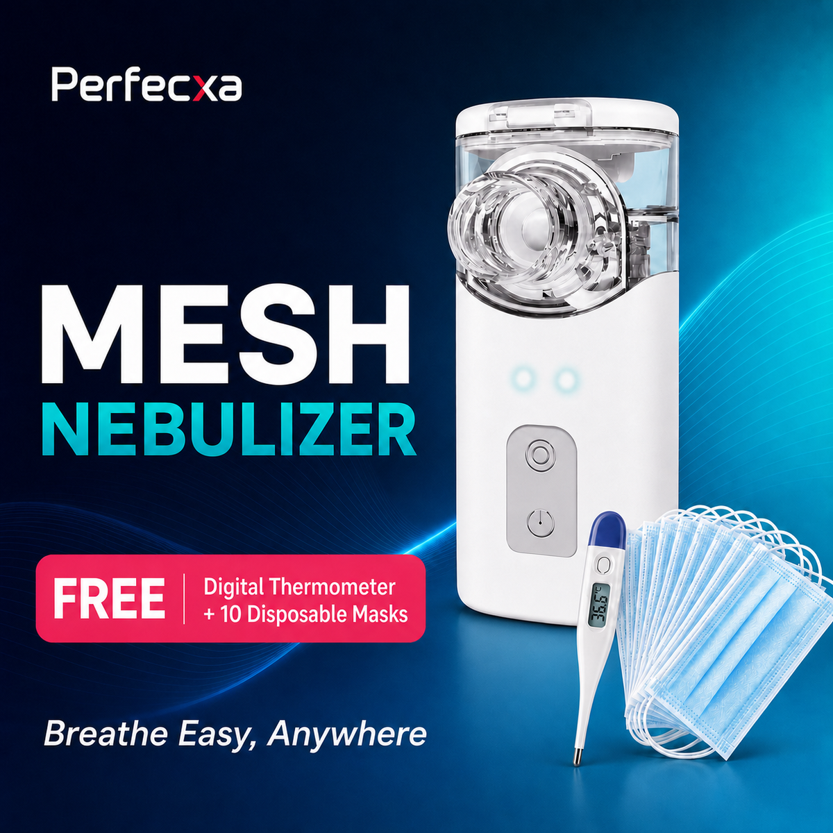 Perfecxa Portable Handy Mesh Nebulizer with free digital thermometer and 10 disposable mask