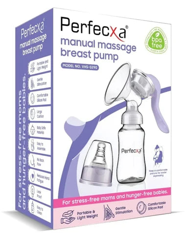 Perfecxa manual massage breast pump VHS-0290 for home and clinic use with BPA free attachments.