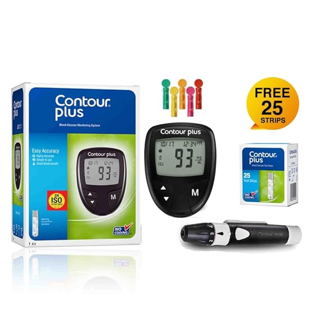 BAYER Contour Plus Blood Glucose Monitoring device with 25 free test strips.
