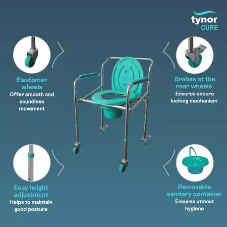 Tynor Commode Chair with wheels and brakes , for Elderly & Disabled to use in room and bathroom